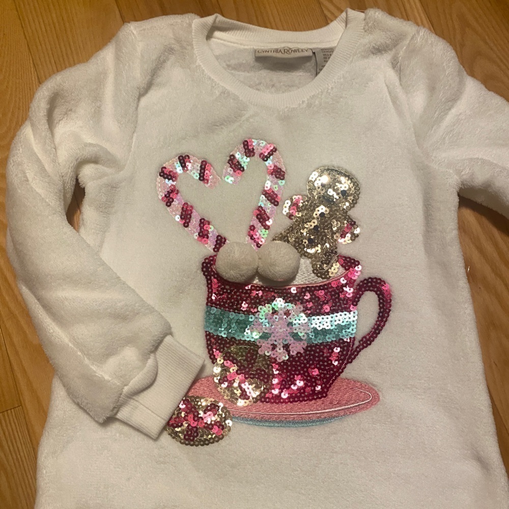 New Girls Christmas hot cocoa fleece sequin top sweatshirt